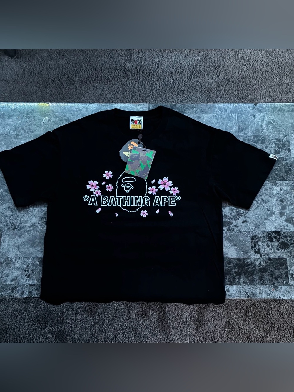 Bape Black Tee with Pink Cherry Blossom Graphic